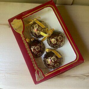 VTG Victoria Collection Red Gold Glitter Hand Blown Glass 4 Christmas Ornamenets